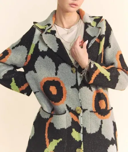 FINAL SALE - Flower Print Cardigan with Front Pockets