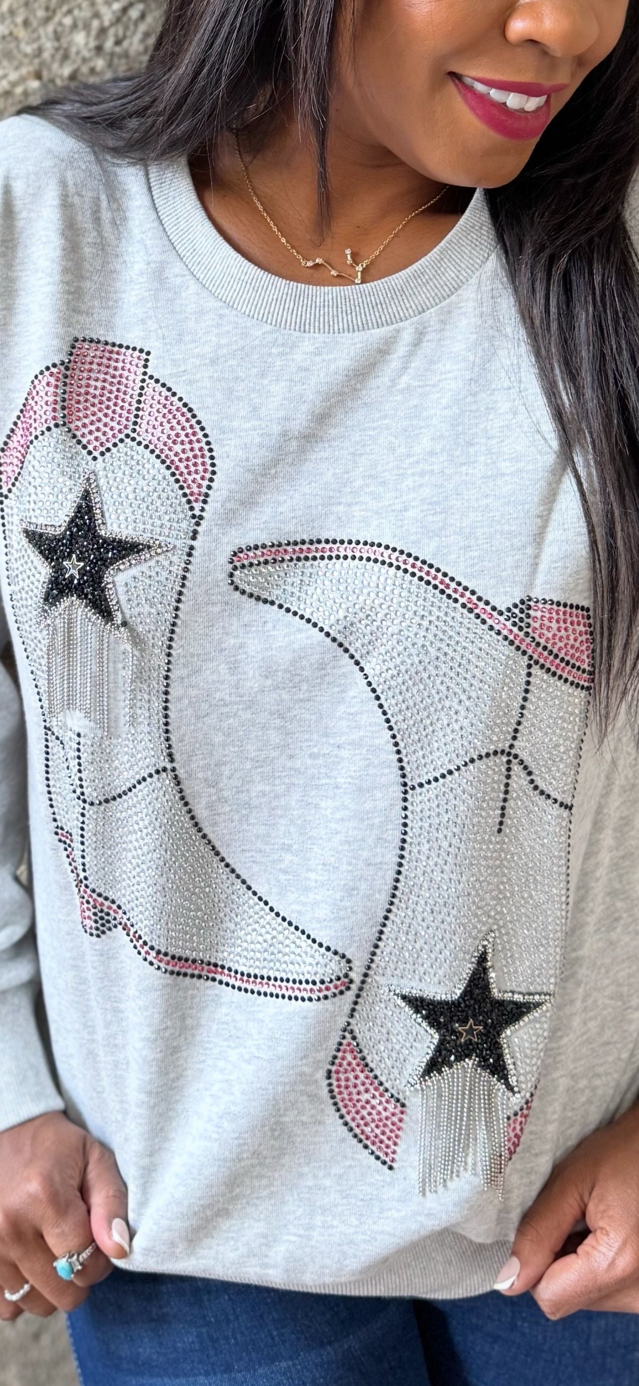 FINAL SALE - Rhinestone Cowboy Boot Light Grey Sweatshirt